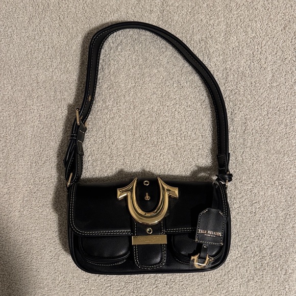 True Religion Handbags - True Religion Black Shoulder Bag with Gold Accents